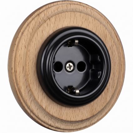 Elhard - Keramiskā retro mājas kontaktligzda ar rāmi SCHUKO 230V melna/gaišs koks