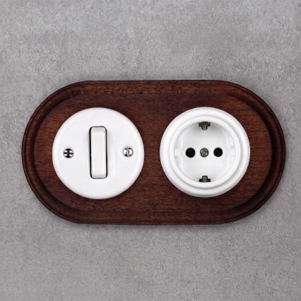 Elhard - Keramiskais retro slēdzis Nr. 1 un 230V rozete ar SCHUKO rāmīti, balta/tumšs koks
