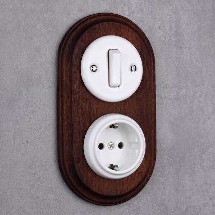 Elhard - Keramiskais retro slēdzis Nr. 1 un 230V rozete ar SCHUKO rāmīti, balta/tumšs koks