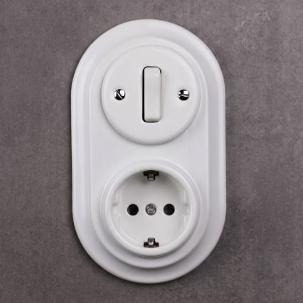 Elhard - Keramiskais retro slēdzis Nr. 1 un 230V kontaktligzda ar SCHUKO rāmīti balta
