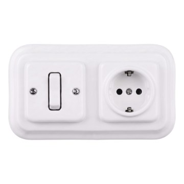 Elhard - Keramiskais retro vienpolu slēdzis Nr. 1 un SCHUKO kontaktligzda 230V ar rāmīti balta