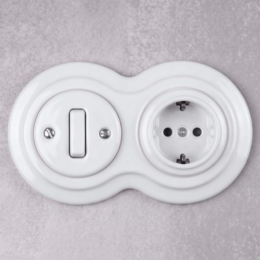 Elhard - Keramisks retro slēdzis Nr. 1 un 230V kontaktligzda ar SCHUKO rāmīti, balta