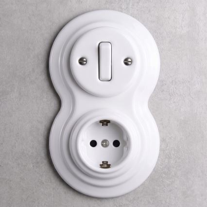 Elhard - Keramisks retro slēdzis Nr. 1 un 230V kontaktligzda ar SCHUKO rāmīti, balta
