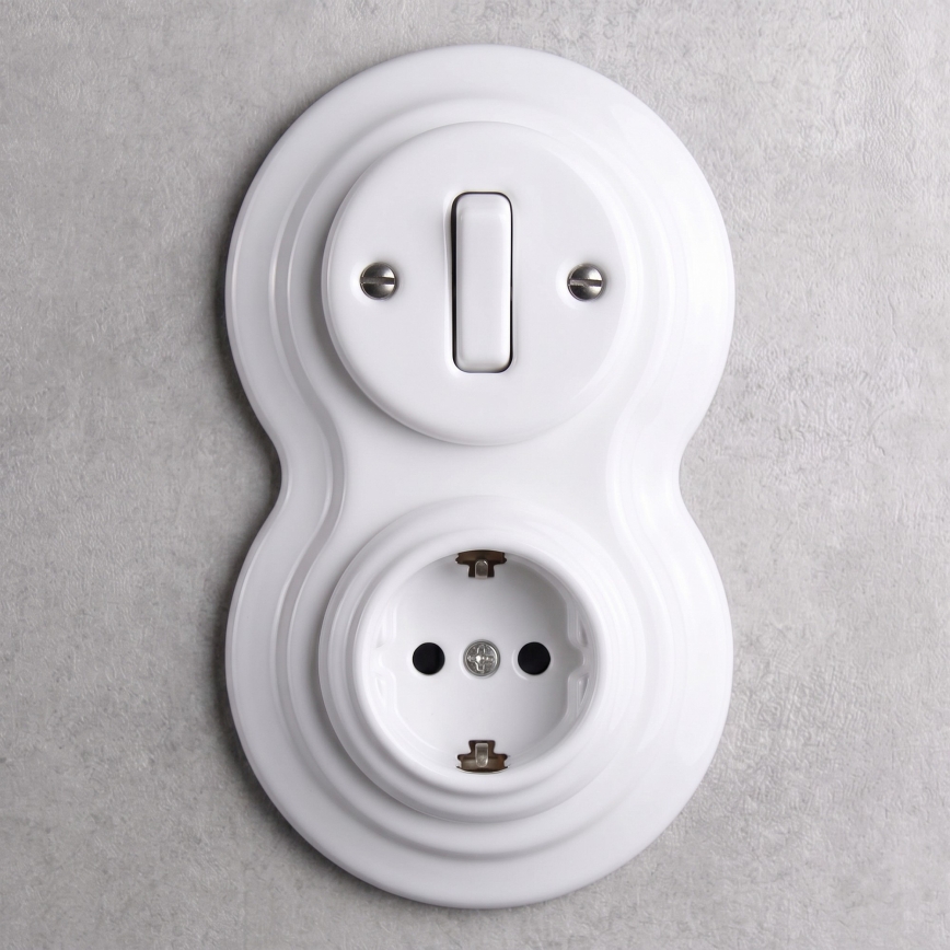 Elhard - Keramisks retro slēdzis Nr. 1 un 230V kontaktligzda ar SCHUKO rāmīti, balta