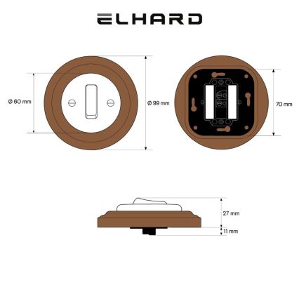 Elhard - Keramisks retro vienkāršs slēdzis ar rāmi Nr. 1 balts/tumšs koks