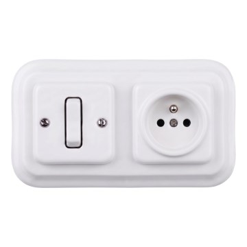 Elhard - retro keramiskais vienpolu slēdzis Nr. 1 un 230V kontaktligzda ar rāmi, balta
