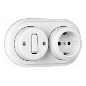 Elhard - sienas keramikas retro vienpolu slēdzis Nr. 1 un SCHUKO kontaktligzda 230 V ar rāmi, baltā krāsā