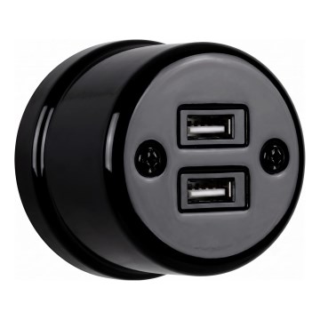 Elhard - Sienas keramiskā retro kontaktligzda 2xUSB-A melna