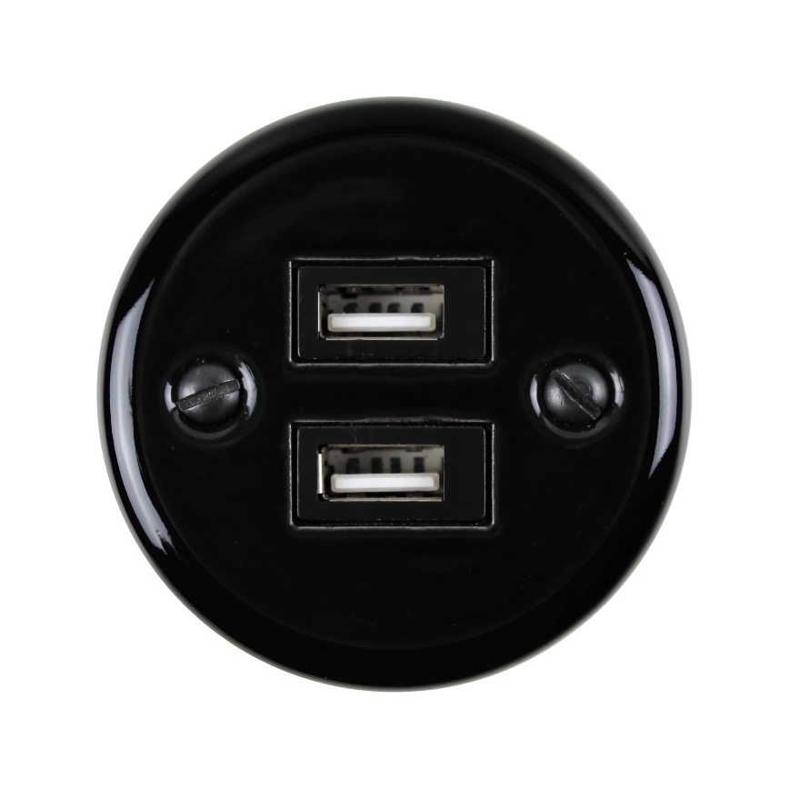 Elhard - Sienas keramiskā retro kontaktligzda 2xUSB-A melna