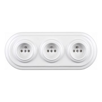 Elhard - Trīskārša keramikas retro mājas kontaktligzda ar rāmi 230V balta