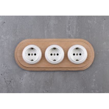 Elhard - Trīskārša keramikas retro mājas kontaktligzda ar rāmi SCHUKO 230V balta/gaišs koks
