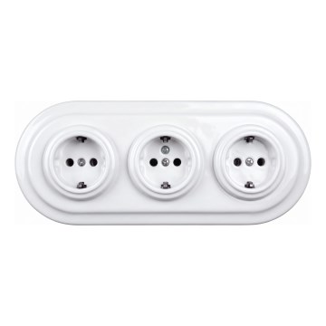 Elhard - Trīskārša retro stila keramikas sadzīves kontaktligzda ar rāmi SCHUKO 230 V balta