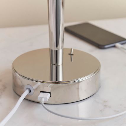 Endon 72175 - Galda lampa ar USB portu SYON 1xE14/40W/230V spīdīgi hromēta/bežāra