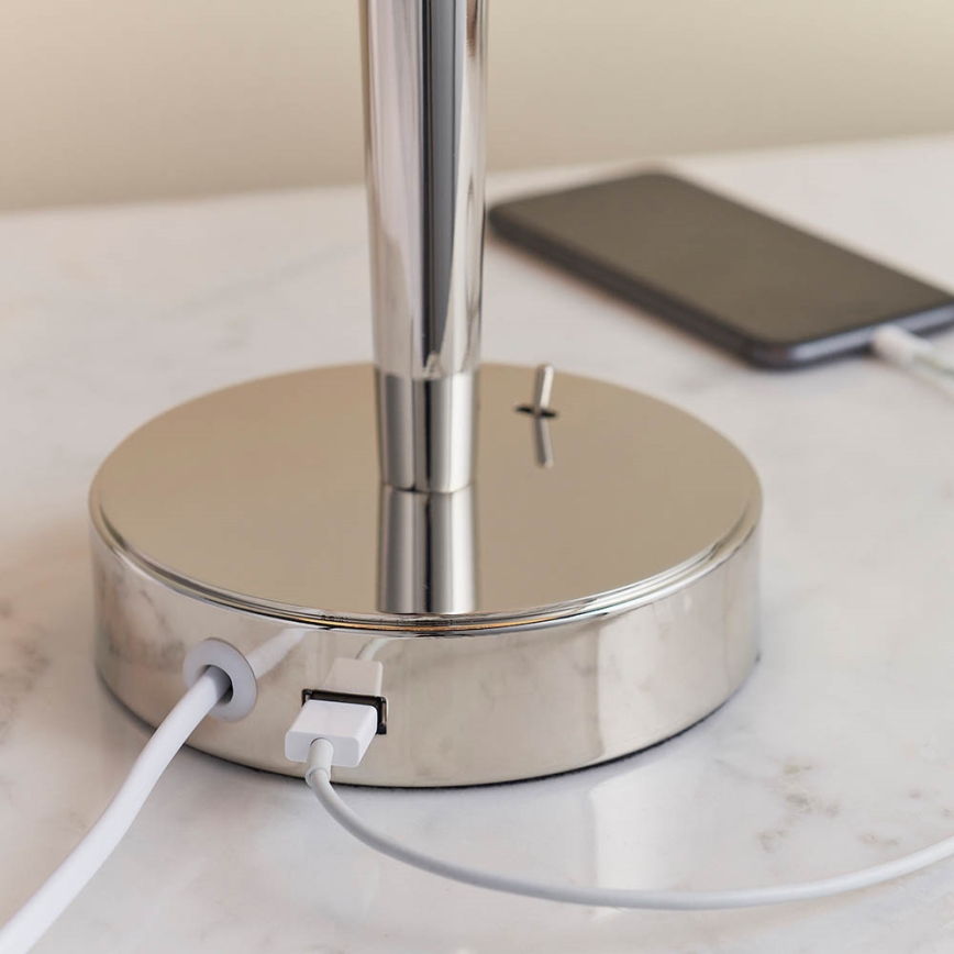 Endon 72175 - Galda lampa ar USB portu SYON 1xE14/40W/230V spīdīgi hromēta/bežāra