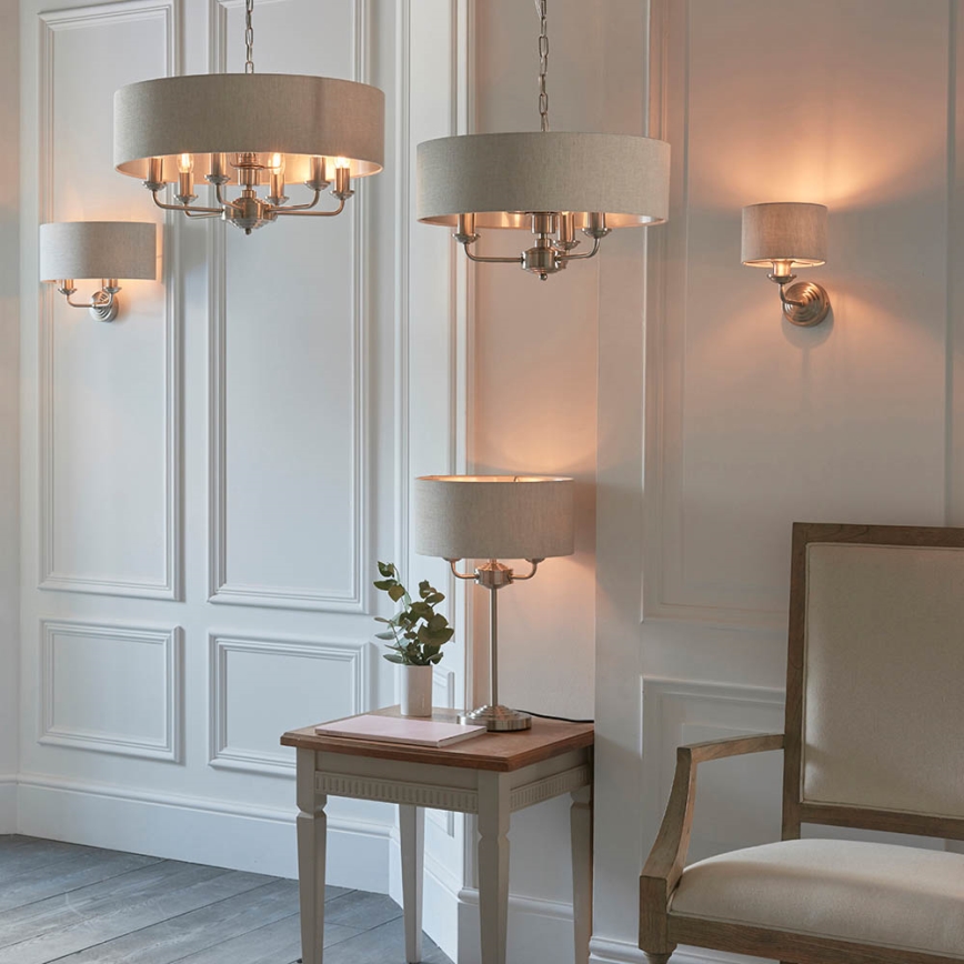 Endon 94369 - Galda lampa HIGHCLERE 3xE14/18W/230V bēša/matēts hroms