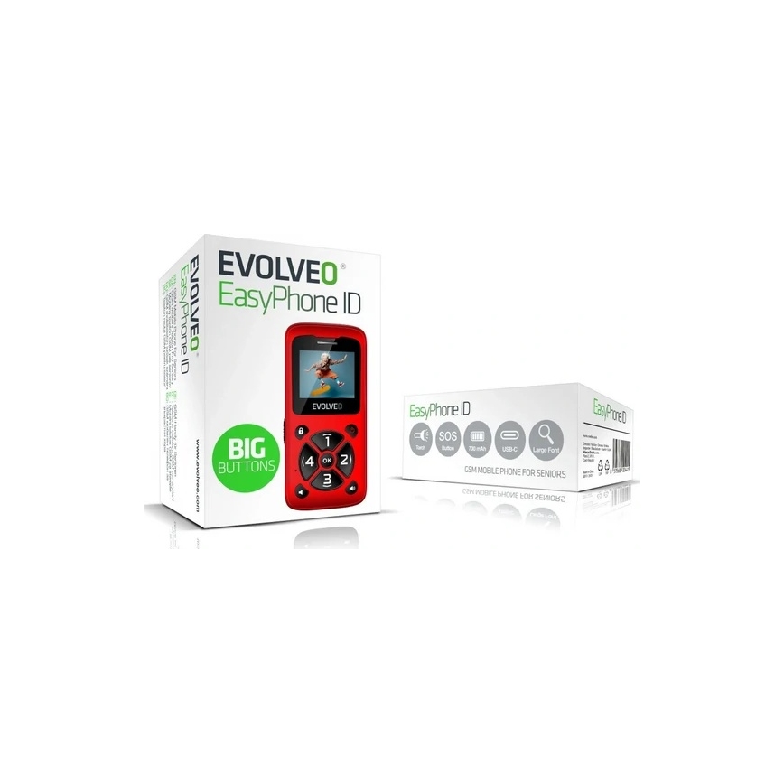 Evolveo - EasyPhone ID sarkans mobilais tālrunis senioriem