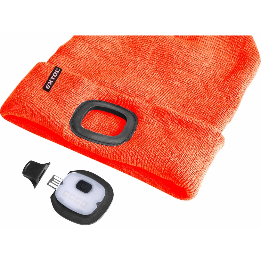 Extol - Cepure ar galvas lampu un USB uzlādi 250 mAh neona oranža, izmērs UNI