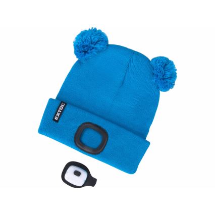 Extol - Cepure ar galvas lampu un USB uzlādi 250 mAh zila ar bumbuli, izmērs bērnu