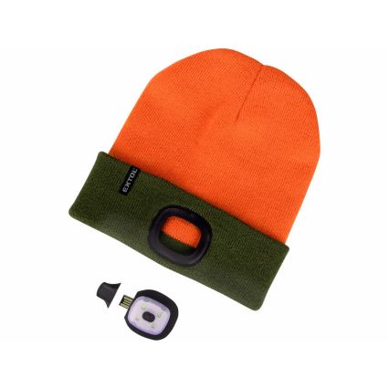 Extol- Cepure ar galvas lampu un USB uzlādi 300 mAh neona oranža/zala, izmērs UNI
