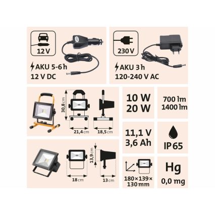 Extol - LED Uzlādējams prožektors LED/20W/3600 mAh/11,1V IP65