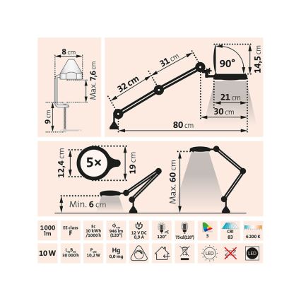 Extol - regulējama LED galda lampa ar palielināmo lupu LED/10W/230V balta