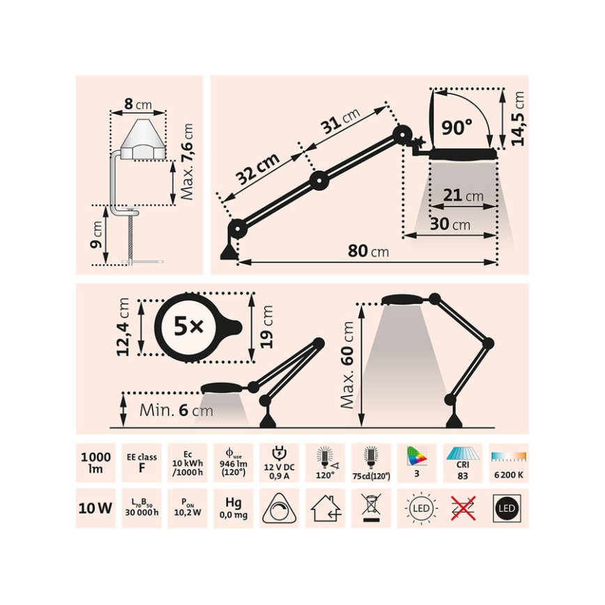Extol - regulējama LED galda lampa ar palielināmo lupu LED/10W/230V balta