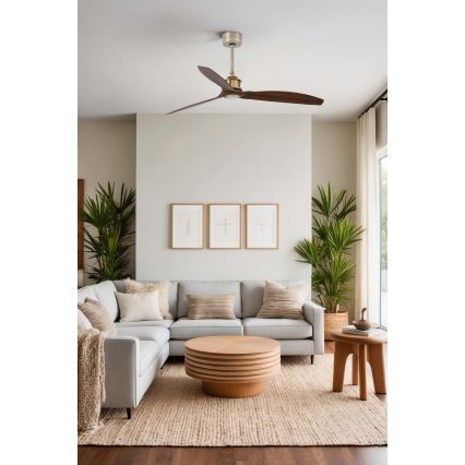 FARO 33398WT - Griestu ventilators JUST FAN M Ø 128 cm, brūns/misiņš, Wi‑Fi Tuya + tālvadības pults