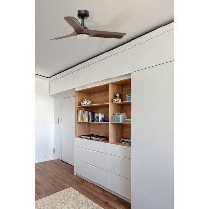 FARO 33806WT1S - LED aptumšojams griestu ventilators HEYWOOD ar integrētu LED, 10 W/230 V, 2700/3000/4000 K, diametrs 90 cm, koka/melns, Wi-Fi Tuya + tālvadība