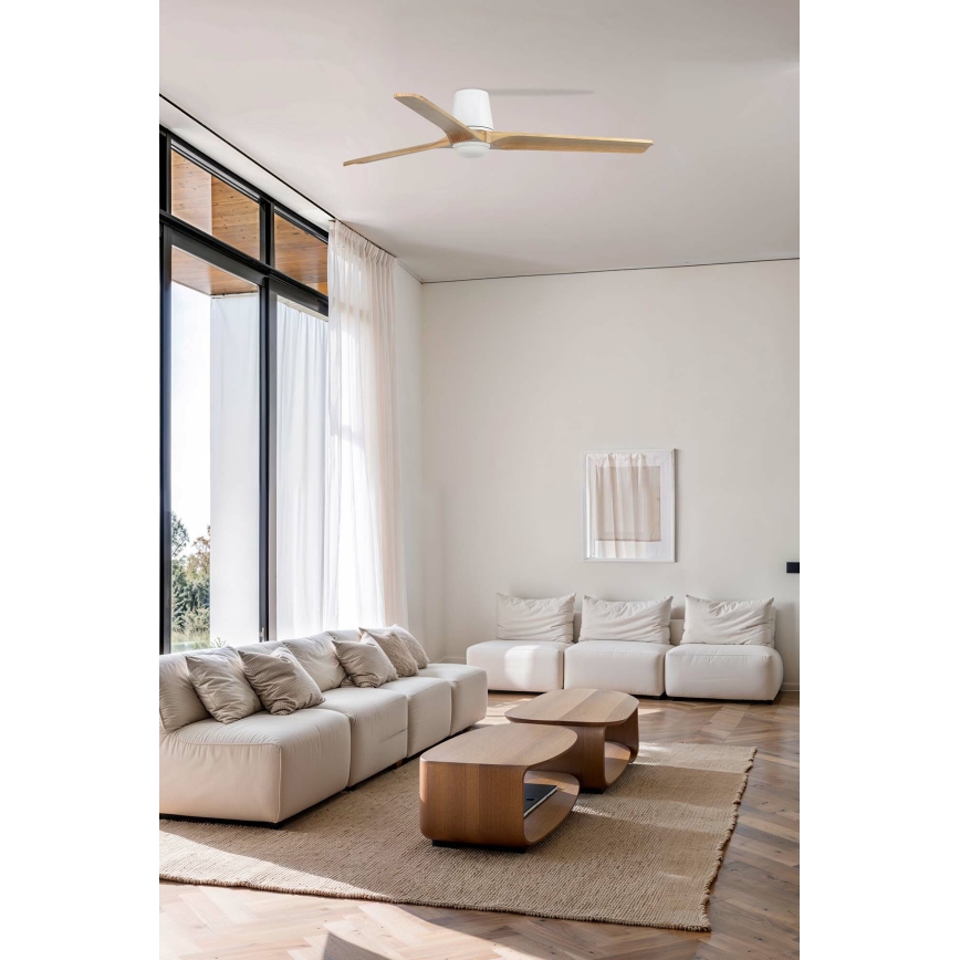 FARO 33838WT-1TW - LED regulējams griestu ventilators HEYWOOD TUB L LED/10W/230V 2700/3000/4000K priede/balta Ø 132 cm Wi-Fi Tuya + tālvadība