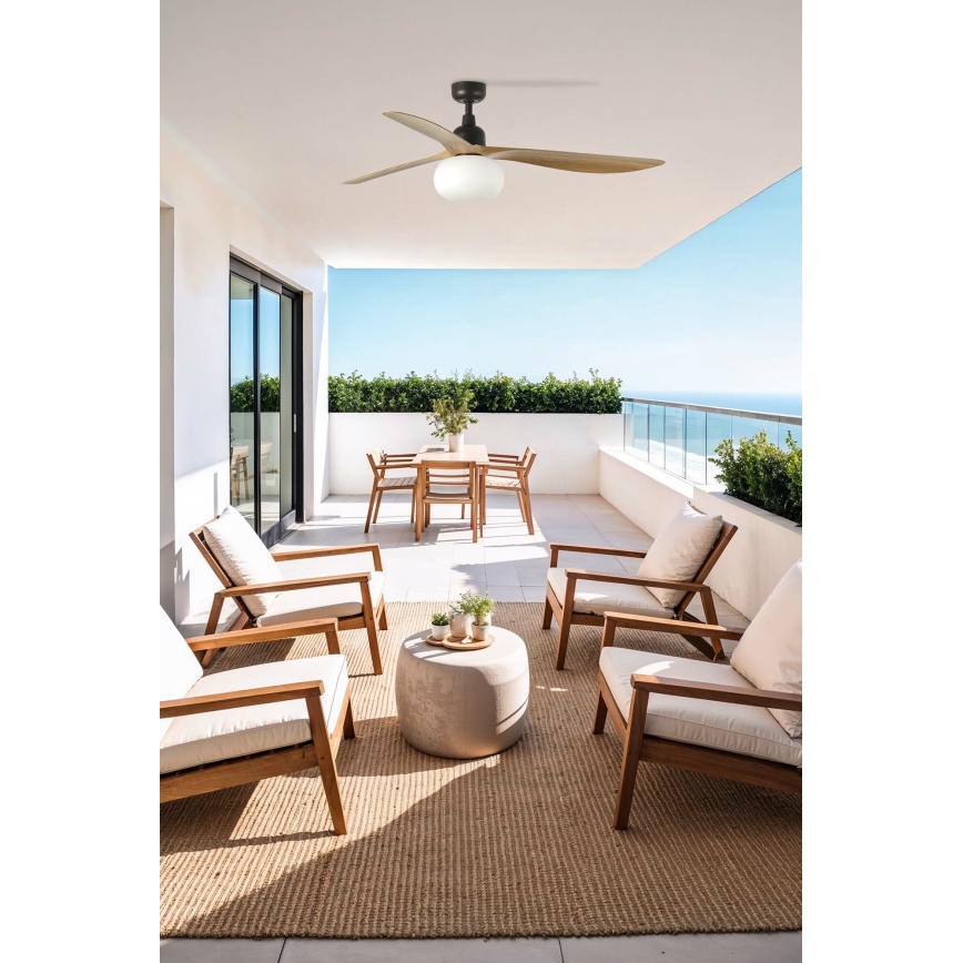FARO 34360WT-11L - Griestu ventilators OUTWOOD L 1xE27/15W/230V brūna/melna d. 150 cm Wi-Fi Tuya IP44 + tālvadības pults