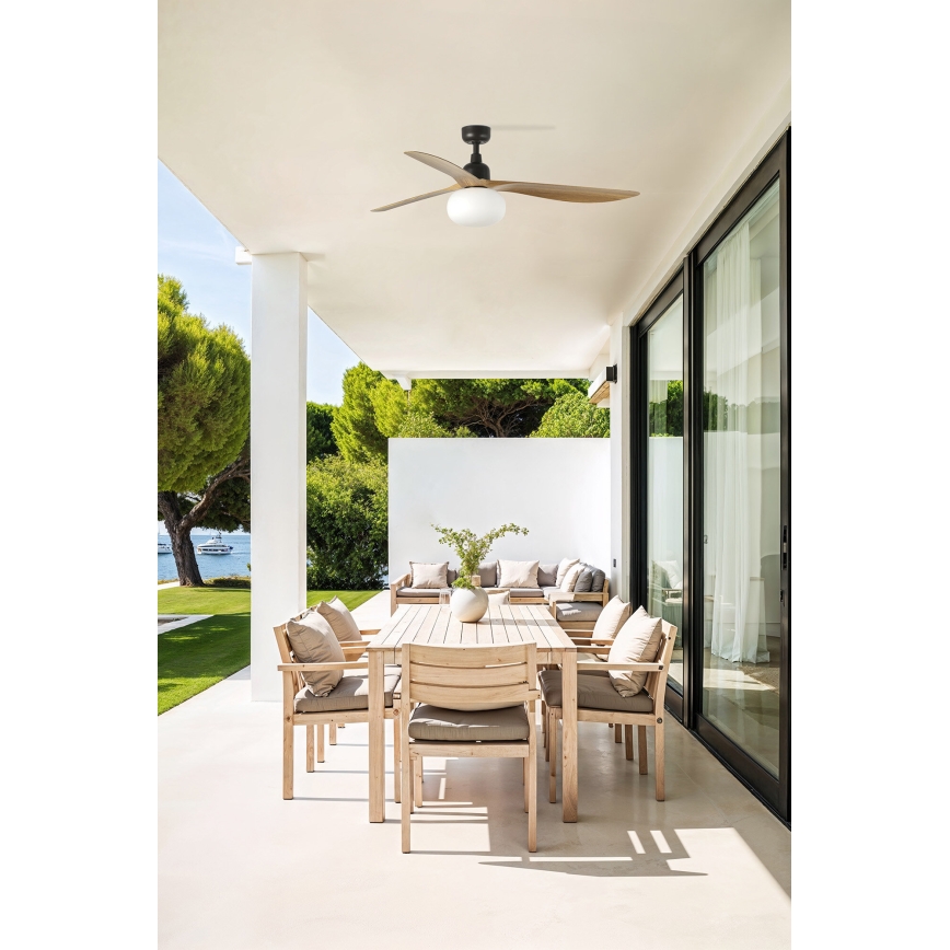 FARO 34360WT-11L - Griestu ventilators OUTWOOD L 1xE27/15W/230V brūna/melna d. 150 cm Wi-Fi Tuya IP44 + tālvadības pults