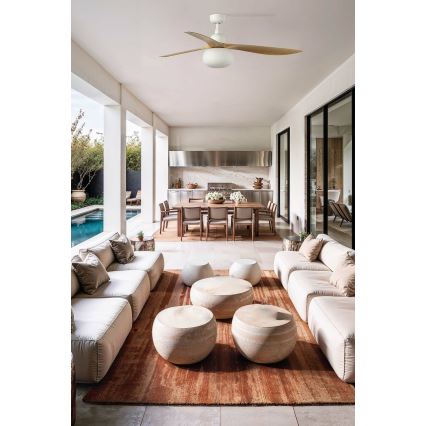 FARO 34361WT-11L - Griestu ventilators OUTWOOD L 1xE27/15W/230V brūns/balts Ø 150 cm Wi-Fi Tuya IP44 + ar tālvadības pulti