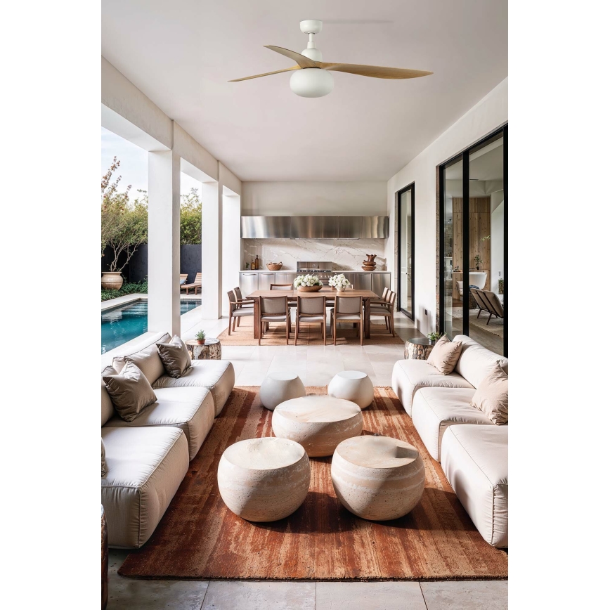 FARO 34361WT-11L - Griestu ventilators OUTWOOD L 1xE27/15W/230V brūns/balts Ø 150 cm Wi-Fi Tuya IP44 + ar tālvadības pulti