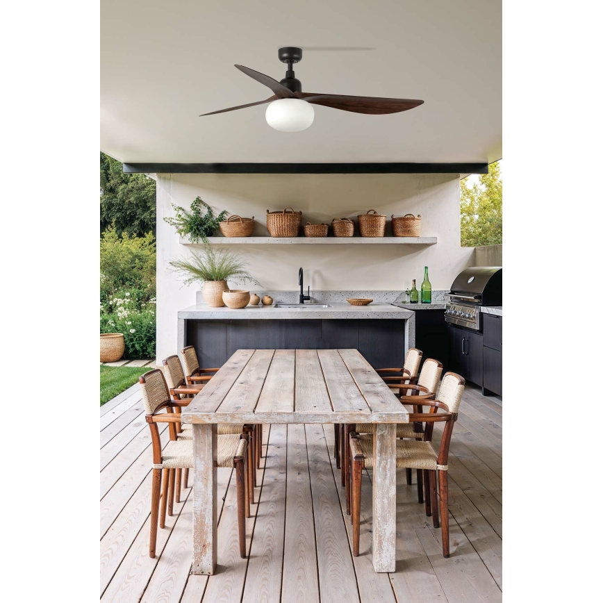 FARO 34362WT-11L - Griestu ventilators OUTWOOD L 1xE27/15W/230V brūna/melna d. 150 cm Wi-Fi Tuya IP44 + tālvadības pults
