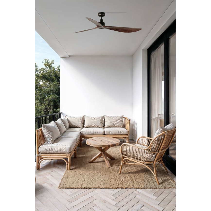 FARO 34362WT - OUTWOOD L griestu ventilators, brūns/melns, diametrs 150 cm, Wi‑Fi (Tuya), IP44, ar tālvadības pulti