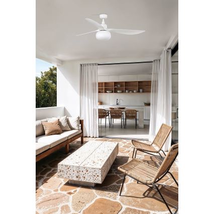 FARO 34363WT-11L - Griestu ventilators OUTWOOD L 1xE27/15W/230V balta d. 150 cm Wi-Fi Tuya IP44 + tālvadības pults