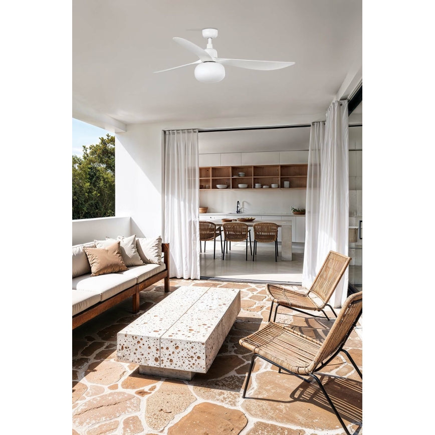 FARO 34363WT-11L - Griestu ventilators OUTWOOD L 1xE27/15W/230V balta d. 150 cm Wi-Fi Tuya IP44 + tālvadības pults