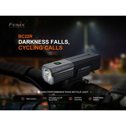 Fenix BC22R - LED uzlādējamais velosipēda lukturis ar regulējamu spilgtumu LED/USB 3400 mAh IP66 1400 lm 41 h melns