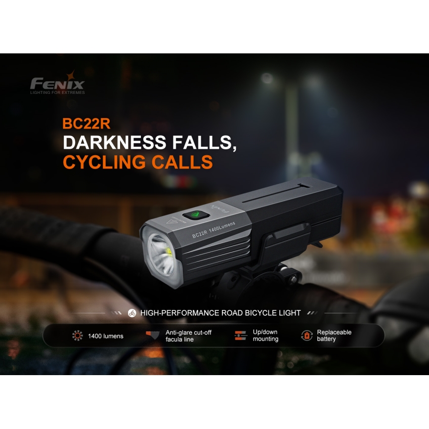 Fenix BC22R - LED uzlādējamais velosipēda lukturis ar regulējamu spilgtumu LED/USB 3400 mAh IP66 1400 lm 41 h melns