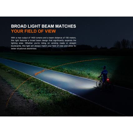 Fenix BC22R - LED uzlādējamais velosipēda lukturis ar regulējamu spilgtumu LED/USB 3400 mAh IP66 1400 lm 41 h melns