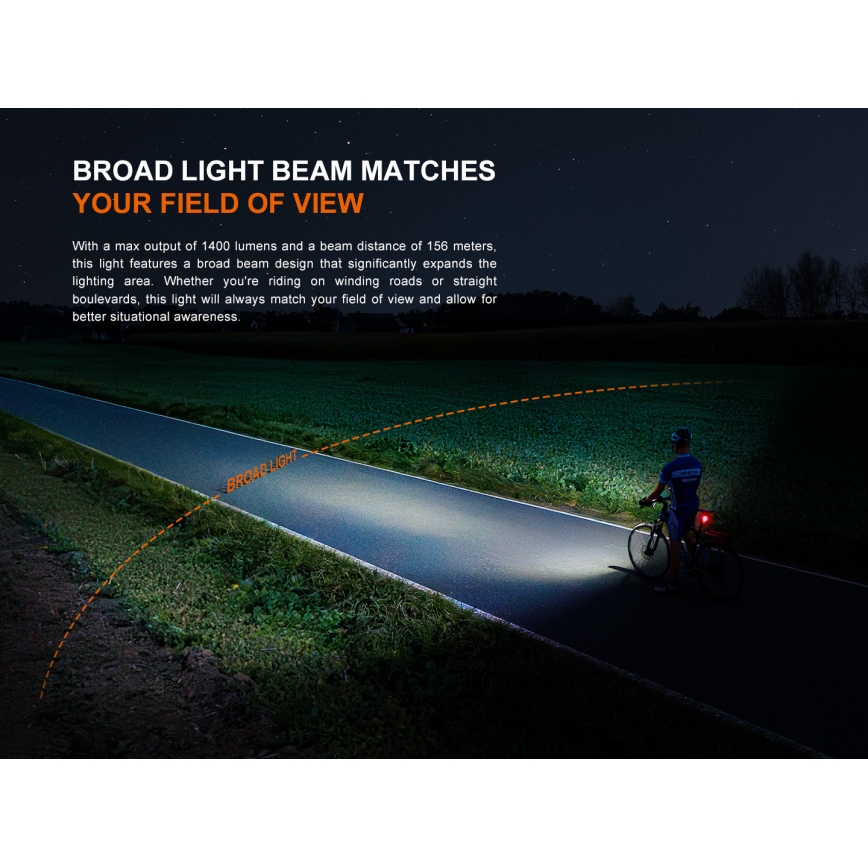 Fenix BC22R - LED uzlādējamais velosipēda lukturis ar regulējamu spilgtumu LED/USB 3400 mAh IP66 1400 lm 41 h melns