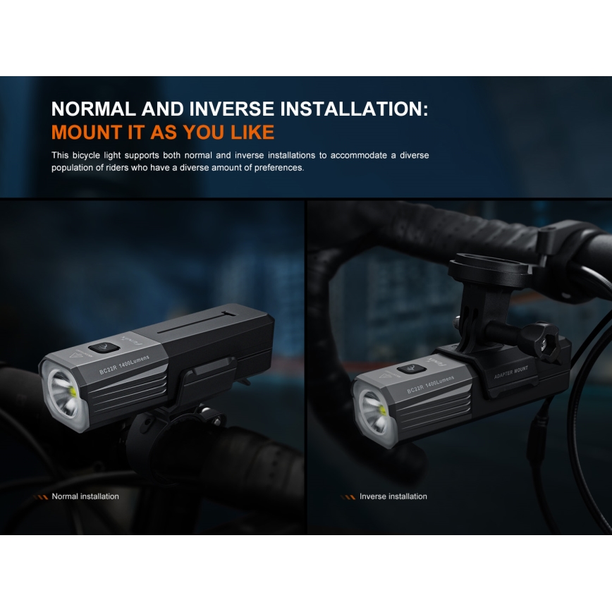 Fenix BC22R - LED uzlādējamais velosipēda lukturis ar regulējamu spilgtumu LED/USB 3400 mAh IP66 1400 lm 41 h melns