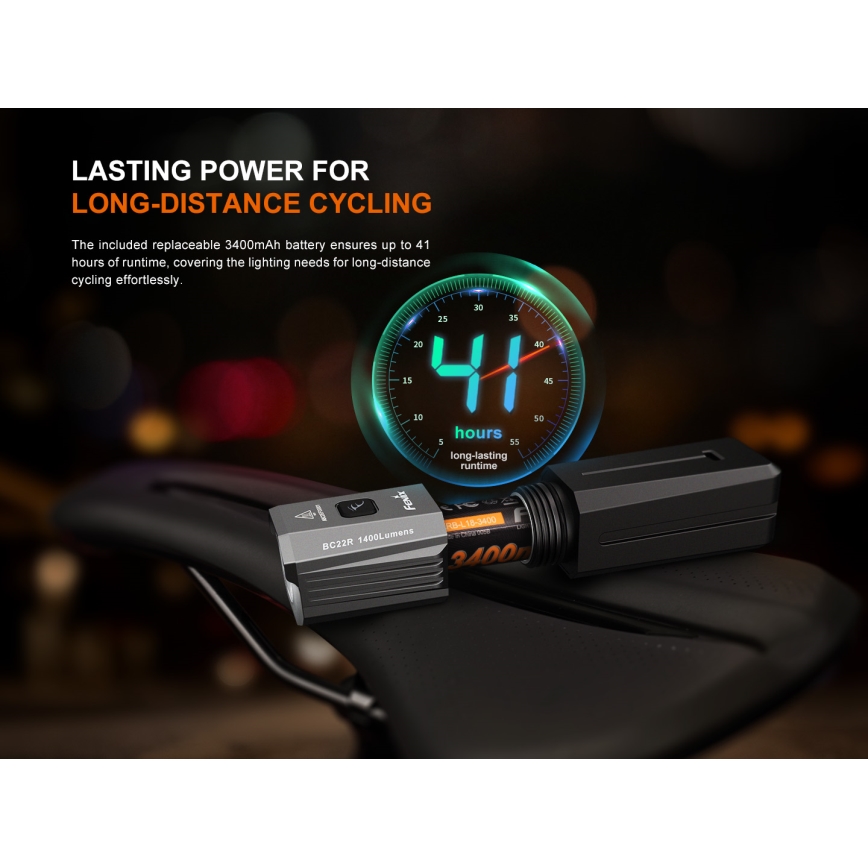 Fenix BC22R - LED uzlādējamais velosipēda lukturis ar regulējamu spilgtumu LED/USB 3400 mAh IP66 1400 lm 41 h melns
