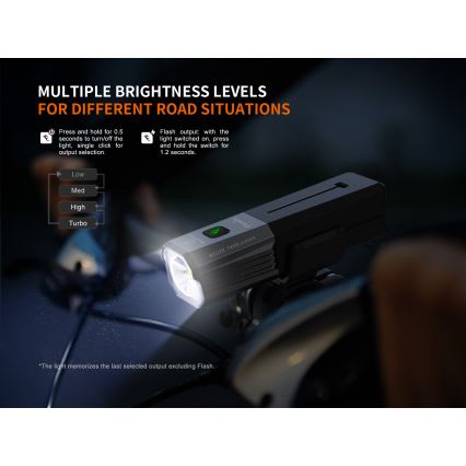 Fenix BC22R - LED uzlādējamais velosipēda lukturis ar regulējamu spilgtumu LED/USB 3400 mAh IP66 1400 lm 41 h melns