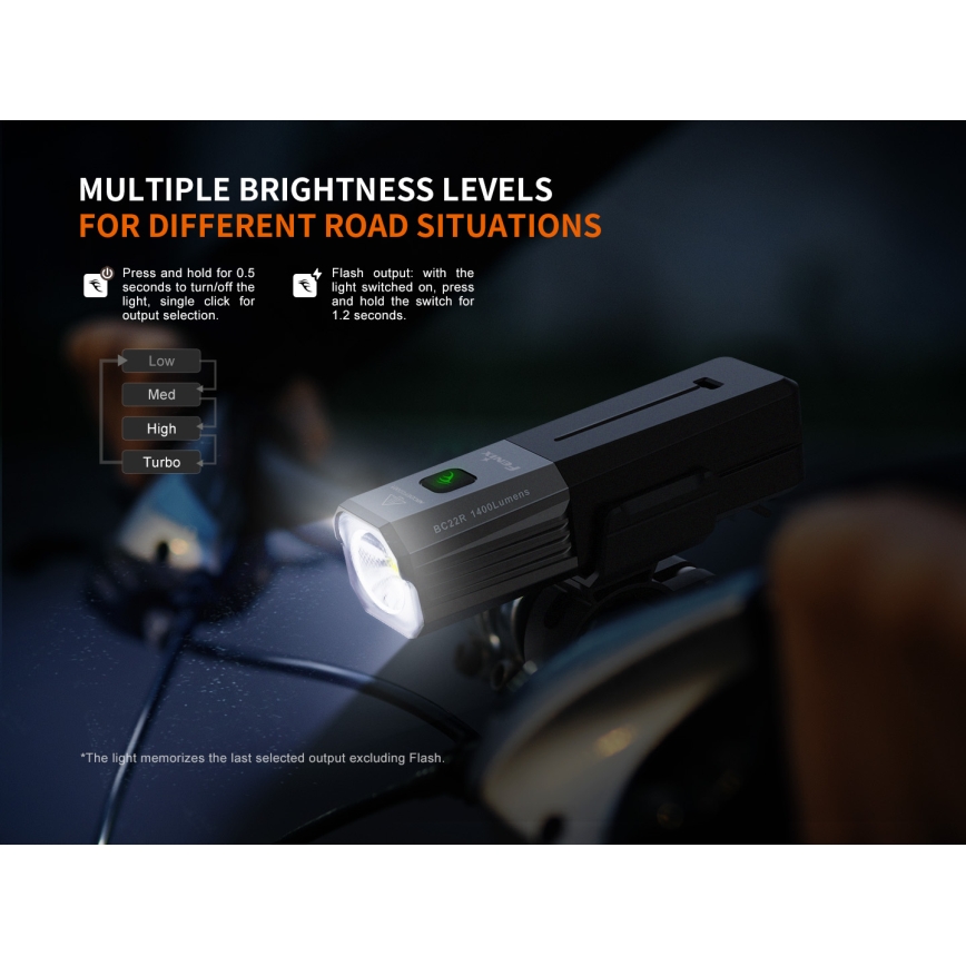 Fenix BC22R - LED uzlādējamais velosipēda lukturis ar regulējamu spilgtumu LED/USB 3400 mAh IP66 1400 lm 41 h melns