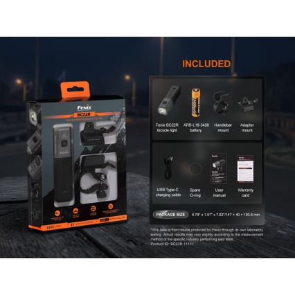 Fenix BC22R - LED uzlādējamais velosipēda lukturis ar regulējamu spilgtumu LED/USB 3400 mAh IP66 1400 lm 41 h melns