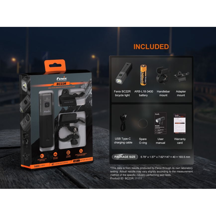 Fenix BC22R - LED uzlādējamais velosipēda lukturis ar regulējamu spilgtumu LED/USB 3400 mAh IP66 1400 lm 41 h melns