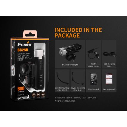 Fenix BC25R - LED Uzlādējams velosipēda gaismeklis LED/USB IP66 600 lm 36 hrs