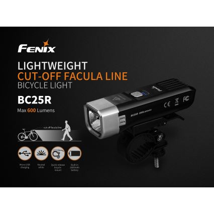 Fenix BC25R - LED Uzlādējams velosipēda gaismeklis LED/USB IP66 600 lm 36 hrs