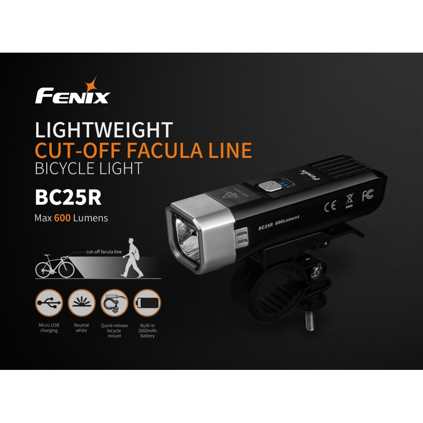 Fenix BC25R - LED Uzlādējams velosipēda gaismeklis LED/USB IP66 600 lm 36 hrs